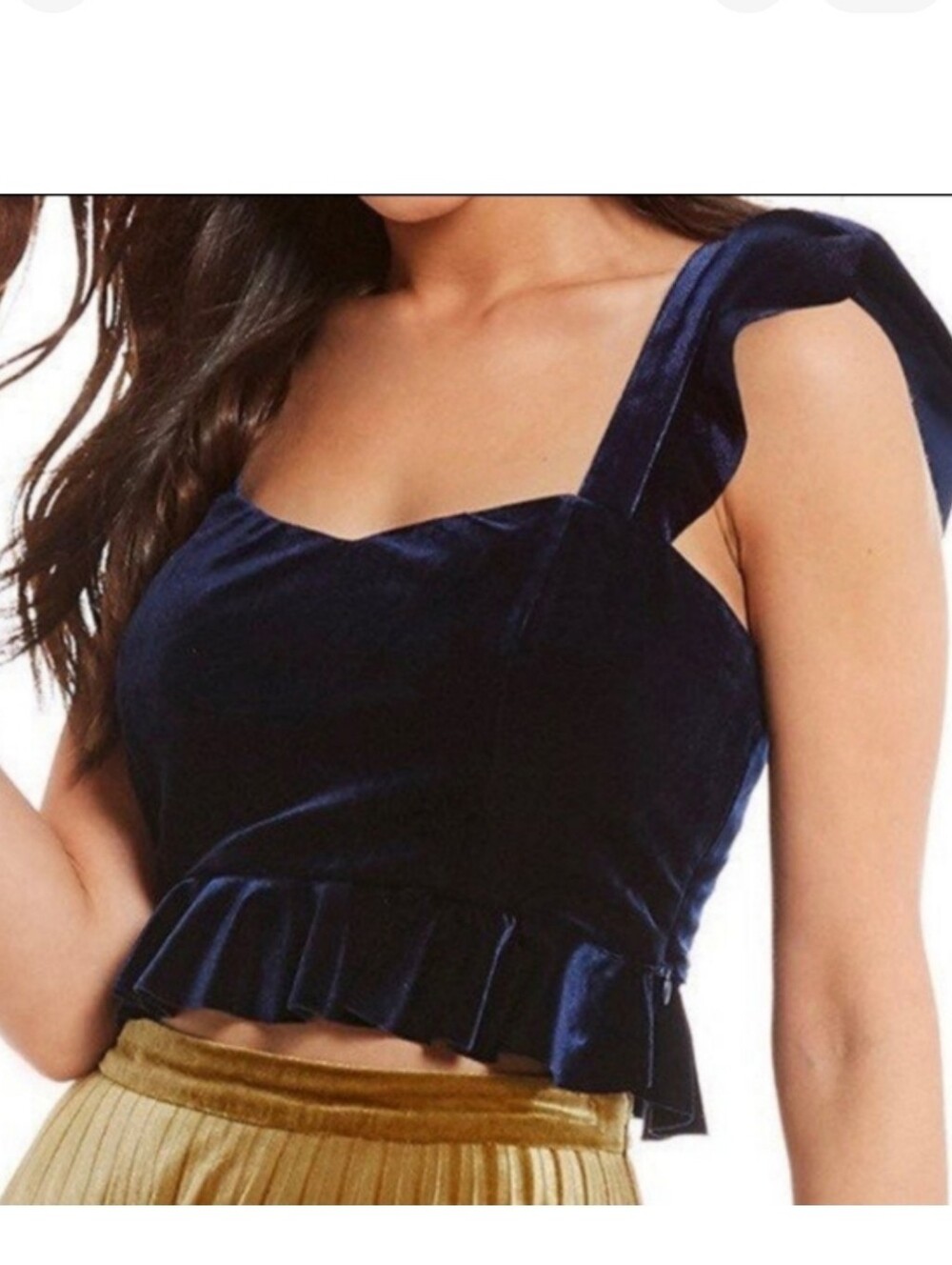 GIANNI BINI Navy Blue Velvet Crop Tank Ruffle Sleeve‎ Straps Peplum Size XS